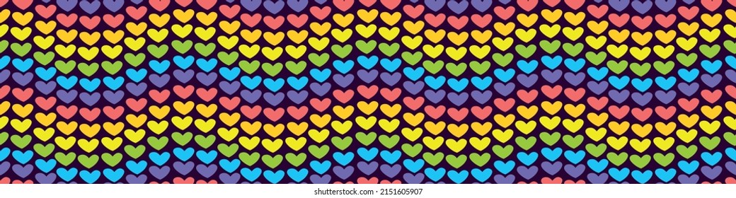 Vector bright seamless pattern in the form of Gay and LGBTQIA Pride Flag made of small multicolored rainbow hearts. Design texture for fabric, banner, poster, backdrop, wall. LGBT community concept.