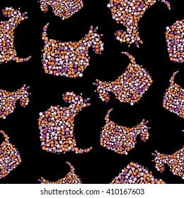 Vector bright seamless pattern in the form of silhouettes of glamour dogs in the form of multi-colored diamond points.