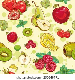 Vector bright seamless pattern with fruits and berries. Apple, kiwi, strawberry, raspberry, pear, lemon, lime, mint. eps 10