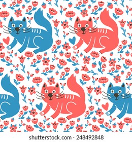 Vector bright seamless pattern with funny cats, hearts, flowers, branches and berries. Cute cartoon characters. Hand drawing childish background. 