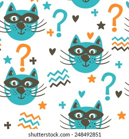 Vector bright seamless pattern with funny cats in masks, hearts, stars, question mark. Cute cartoon characters. Hand drawing childish background. 