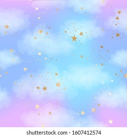 Vector bright seamless pattern with gold constellations, stars and clouds. Watercolor blue and lilac sky background