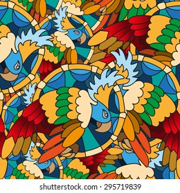 Vector bright seamless pattern with hand drawn parrots. Background for web design, banners, brochures, wallpapers, textile.