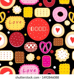 Vector bright seamless pattern of multicolored tasty cookies on a dark background. Design template for wallpaper or food packaging.