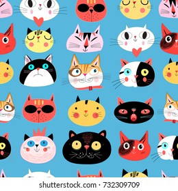 Vector bright seamless pattern of multi-colored cat portraits on a blue backgr