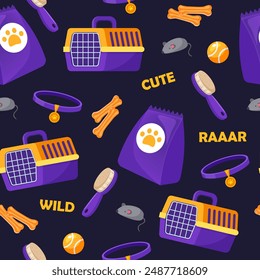 Vector bright seamless pattern with pet accessories includes animal toys, food, care products etc.