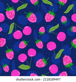 Vector bright seamless pattern with raspberries and cherries on dark blue background.