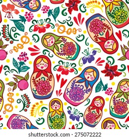 Vector bright seamless pattern of Russian dolls and floral elements.