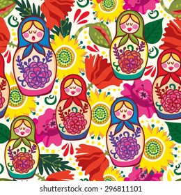 Vector bright seamless pattern of Russian dolls and floral elements.