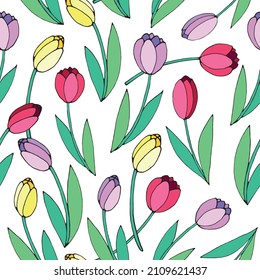 Vector bright seamless pattern with scattered red, pink, yellow tulip flowers. Spring holiday texture for wrapping paper, textile, greeting card, mother's, women's or Valentine's Day