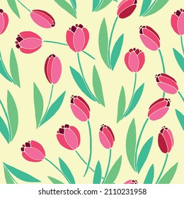 Vector bright seamless pattern with scattered red tulip flowers. Spring holiday texture for wrapping paper, textile, greeting card, mother's, women's or Valentine's Day