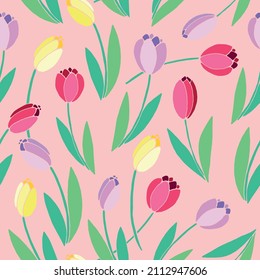 Vector bright seamless pattern with scattered red, pink, yellow tulip flowers. Spring holiday texture for wrapping paper, textile, greeting card, mother's, women's or Valentine's Day