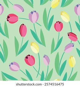 Vector bright seamless pattern with scattered red, pink, yellow tulip flowers. Spring holiday texture for wrapping paper, textile, greeting card, mother's, women's or Valentine's Day