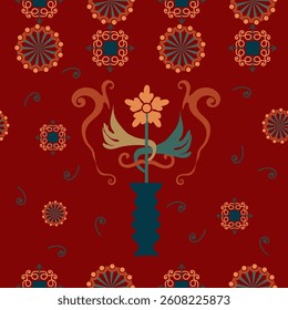 Vector bright seamless pattern of stylized flowers and leaves in a vase, surrounded by swirls and round and square elements, reminiscent of ancient Byzantine patterns.