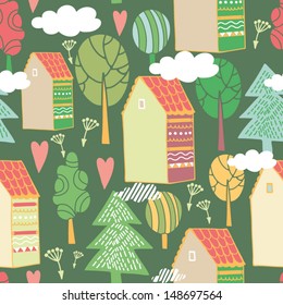 Vector bright seamless pattern "Sweet home" with colorful house, trees and clouds. Seamless concept pattern in vintage style.
