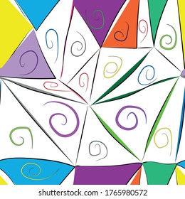 Vector bright seamless pattern. Triangles made with a brush. Drawing by hand. Curls, bright partial paint. Psychedelic hypnotic repetitive pattern. Madness