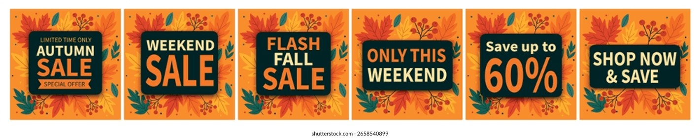 Vector brillante conjunto de 6 Anuncios para la venta de otoño sobre fondo naranja y amarillo con hojas de otoño. ¡Venta de otoño caliente! ¡Sólo este fin de semana! Descuentos de hasta el 60%. Perfecto para la publicidad de temporada
