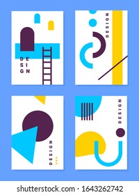 Vector brillante conjunto de ilustración geométrica abstracta con triángulo, círculo, línea, escalera y palabra sobre fondo blanco en el marco. Diseño de afiche creativo de estilo plano con formas diferentes