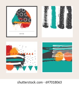 Vector bright set with bright colored square cards, isolated on background. Hand drawn illustration drawn with brush and ink splashes, blots and smears