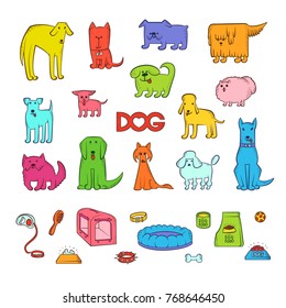 Vector bright set of different cartoon dogs breeds. Items for caring for pet and feeding. Funny caricature animals characters. Contour isolated colorful sketch illustration. The inscription and heart.