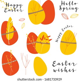 Vector bright set for Easter holiday. Cute easter eggs with feathers, branch and leaves. Eco decoration. Perfect for textile, wrapping paper, packaging design, card, invitation