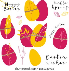 Vector bright set for Easter holiday. Cute easter eggs with feathers, branch and leaves. Eco decoration. Perfect for textile, wrapping paper, packaging design, card, invitation
