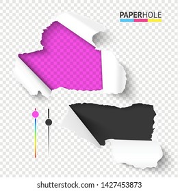 Vector bright set of empty realistic torn paper pieces with rip edges of hole and shadows on a transparent background for sale advertisement banner revealing ad message.