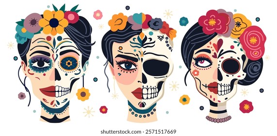 Vector bright set of sugar skulls. Catrina heads. Female faces on one side and skulls on another. Mexican Day of the Dead. Cinco de Mayo.