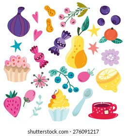 Vector bright set of sweets and treats. 
