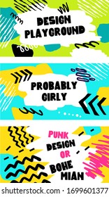 Conjunto brillante de patrones de plantilla con líneas de marcador simples y forma de pincel de color. Diseño de fondo de estilo plano con marco y encabezado para sitio web y tarjeta de felicitación o impresión de invitación