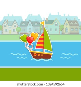 Vector bright ship in front of a town landscape with three balloons in the shape of hearts. Children city illustration. Street objects. Travelling by sea. Sailing boat. Ocean cruise
