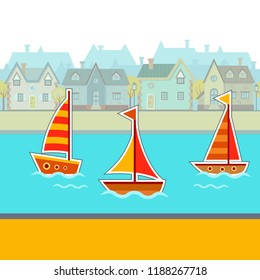 Vector bright ships in front of an autumn town landscape. Children city illustration. Street objects. Travelling by sea. Sailing boat. Ocean cruise