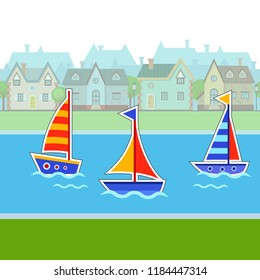 Vector bright ships in front of a town landscape. Children city illustration. Street objects. Travelling by sea. Sailing boat. Ocean cruise