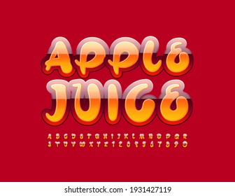 Vector bright sign Apple Juice. Artistic style Font. Glossy creative Alphabet Letters and Numbers set