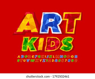 Vector bright sign Art Kids. Colorful Crumpled Font. Fold Paper Alphabet Letters and Numbers for Children