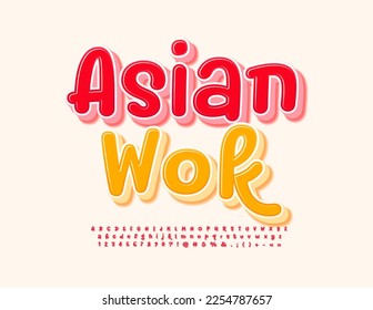 Vector bright Sign Asian Wok. Funny handwritten 3D Font. Playful style Alphabet Letters and Numbers