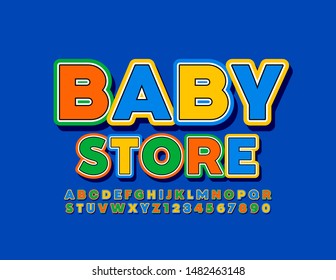 Señal de luz vectorial en la tienda Baby Store. Fuente superior moderna. Letras y números de alfabeto coloridos