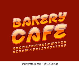 Vector bright Sign Bakery Cafe. Stylish Glossy Font. Creative Alphabet Letters and Numbers.