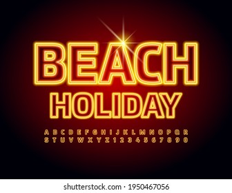 Señal de luz vectorial Beach Holiday. Fuente luminosa brillante. Letras y números del alfabeto neón dorado