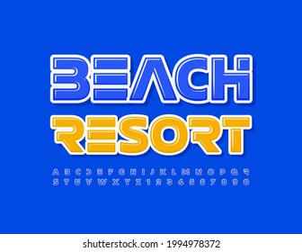 Vector Bright Sign Beach Resort. Fuente azul brillante. Letras y número de alfabetos de moda