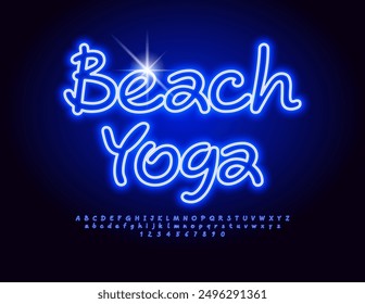 Vector bright sign Beach Yoga. Electric Blue Font. Handwritten Neon Alphabet Letters and Numbers set.