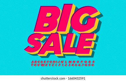 Vector bright Sign Big Extra Sale with colorful Font. Trendy Uppercase Alphabet Letters and Numbers.