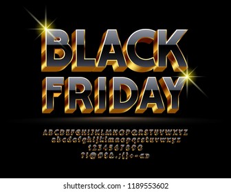 Vector Bright sign Black Friday. Chic alphabet letters, numbers, symbols. 3D Black and Golden Font.