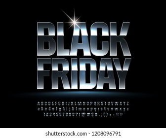 Vector Bright sign Black Friday. Silver Alphabet Letters, Numbers, Symbols.