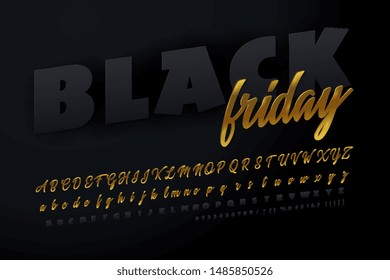 Vector Bright sign Black Friday. Chic alphabet letters, numbers, symbols. 3D Black and Golden Font.
