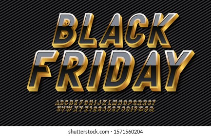 Vector bright sign "Black Friday". Black letters in gold frame. Gorgeous letters of the alphabet, numbers. 3D black and Gold font.