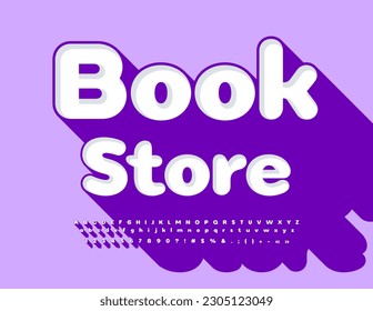 Vektor heller Sign Book Store. Moderne Schriftart mit violettem Schatten. Kreative Alphabet-Buchstaben, Zahlen und Symbole