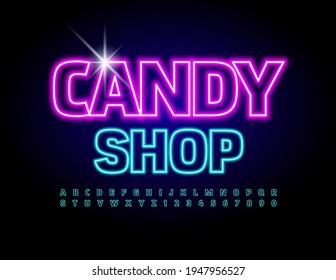 Vector bright Sign Candy Shop. Blue Electric Font. Neon light Alphabet Letters and Numbers set