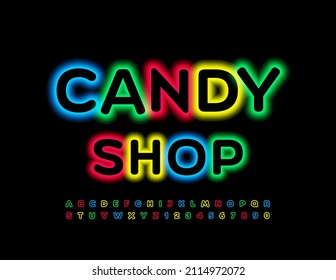 Vector bright Sign Candy Shop. Colorful Electric Font. Neon Alphabet Letters and Numbers 