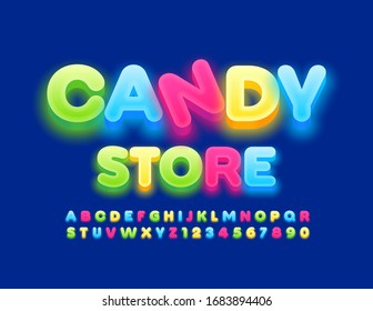 Vector bright sign Candy Store. Glowing colorful Font. Creative Alphabet Letters and Numbers